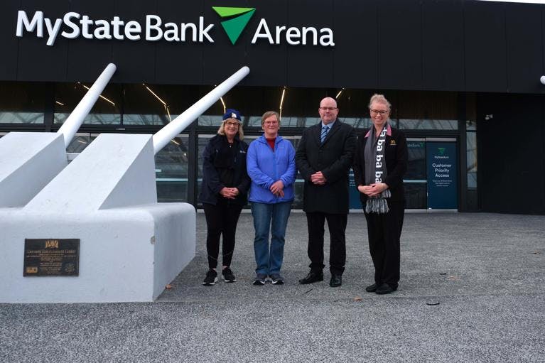 Vinnies CEO Heather Kent, Vinnies Southern Regional President Louise Wilson, Mingari + CO General Manager David Schiebel and Mingari + CO People and Culture Supervisor Kristy Dickson at the MyStateBank Arena preparing for the CEO Sleepout