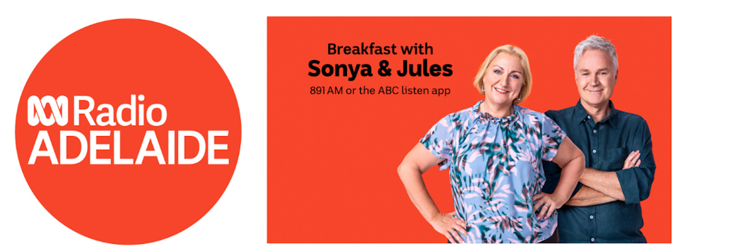 ABC Radio Adelaide logo and picture of presenters Sonya Feldhof and Jules Schiller
